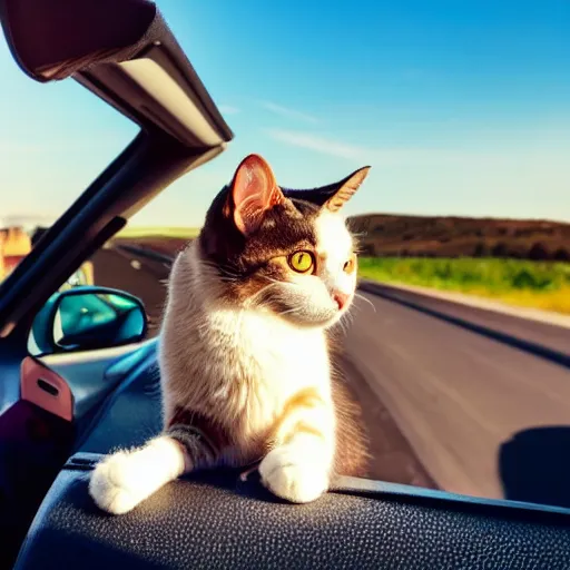 Prompt: convertible on road, cat homies chilling in convertible, paws on steering wheel, paw hanging out of window, golden hour, clear sky, unobstructed road
