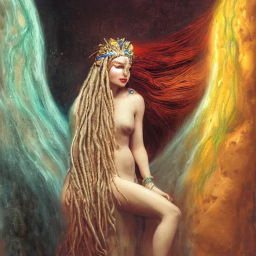 Image similar to birth of mami wata, sumerian goddess inanna ishtar, ashteroth, techno mystic goddess princess intergalactica, with aqua neon rapunzel dreadlocks, mami wata, detailed, by gaston bussiere, bayard wu, greg rutkowski, giger, maxim verehin, greg rutkowski, masterpiece, sharp focus,