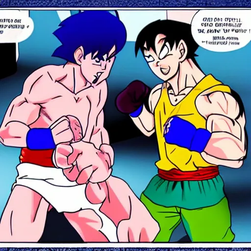 Prompt: ben shwartz getting punched in the stomach really hard by goku