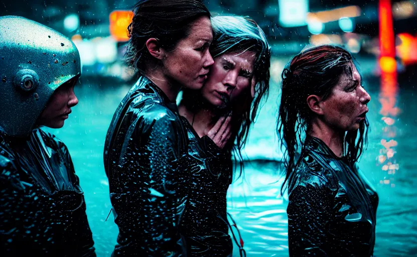 Image similar to cinestill 5 0 d candid photographic portrait by steve mccurry of two loving female androids sobbing wearing rugged black mesh techwear in treacherous waters, flooded city, medium closeup, retrofuturism cyberpunk moody emotional cinematic, pouring iridescent rain bright spotlight helicopter, 8 k, hd, high resolution, 3 5 mm, f / 3 2, ultra realistic faces, ex machina