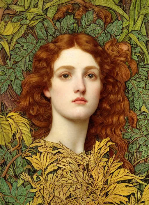 Prompt: masterpiece beautiful seductive flowing curves preraphaelite face portrait amongst leaves, extreme close up shot, straight bangs, thick set features, yellow ochre ornate medieval dress, laying amongst foliage mushroom forest circle arch, frederic leighton and kilian eng and rosetti and preraphaelites, william morris, 4 k