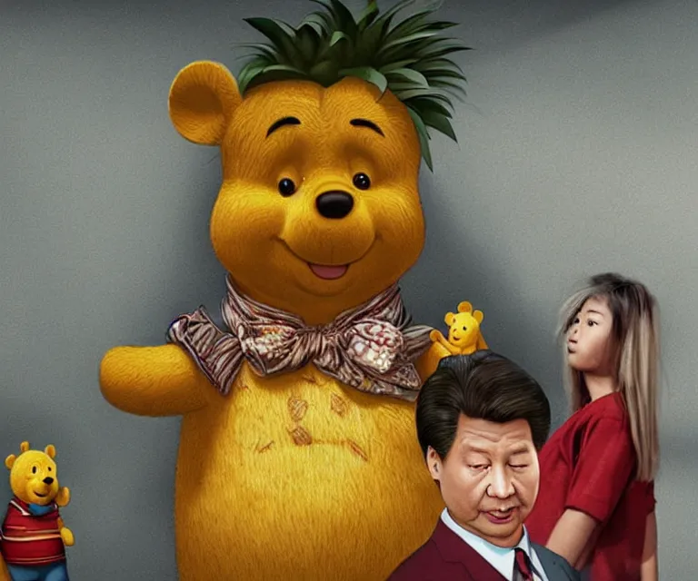 Image similar to hyperrealism pineapple express movie still photography of real detailed xi jinping with detailed face smoking detailed weed in detailed basement bedroom with winnie the pooh hyperrealism photography by araki nobuyoshi