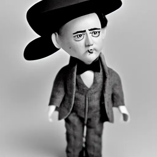 Prompt: black and white mugshot of a male doll, bill murray, he is wearing a top hat, wearing bandit mask, bow tie bandit