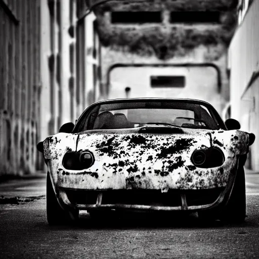 Image similar to black and white press photograph of a rusted abandoned expensive sports car on a busy city street, detailed, natural light, mist, film grain, soft vignette, sigma 5 0 mm f / 1. 4 1 / 1 0 sec shutter, imax 7 0 mm footage