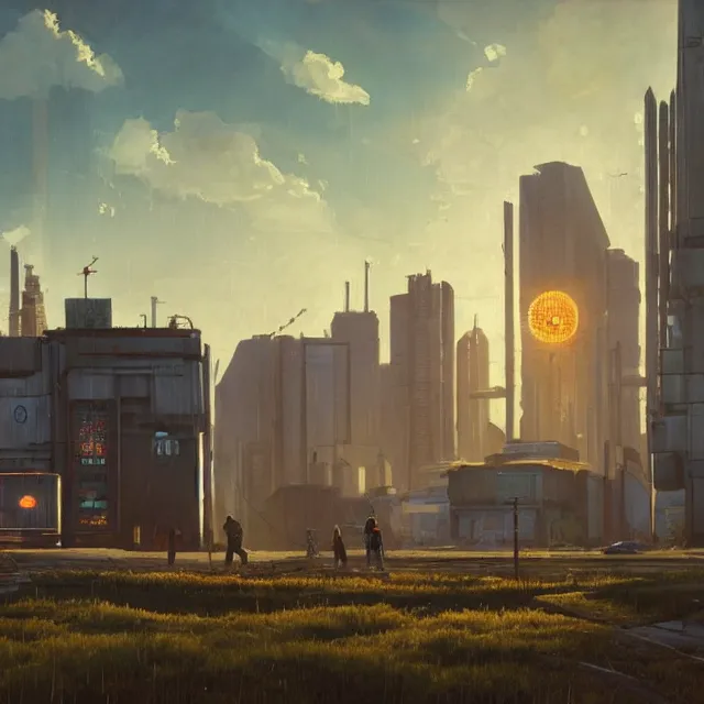 Prompt: An cyberpunk buildings with the sun shining through the clouds in utopia by Simon Stålenhag and Greg Rutkowski,In style of Grant Wood.hyper detailed,8K Resolution,unreal engine 5,Ray Tracing,highly realistic.trending on Artstation.oil on canvas