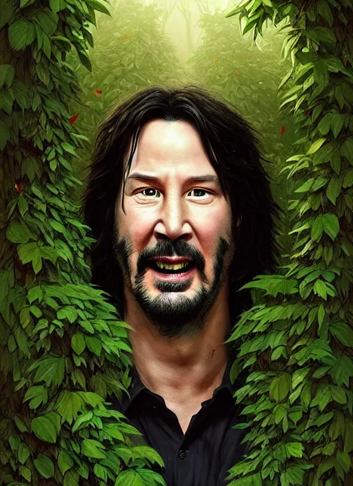 Prompt: highly detailed comedy caper movie poster with silly wacky zany keanu reeves as a sentient pile of leaves, keanu reeves green face as tree sentient leafy bush by greg rutkowski, masterpiece, really funny, 1 0 / 1 0 comedy