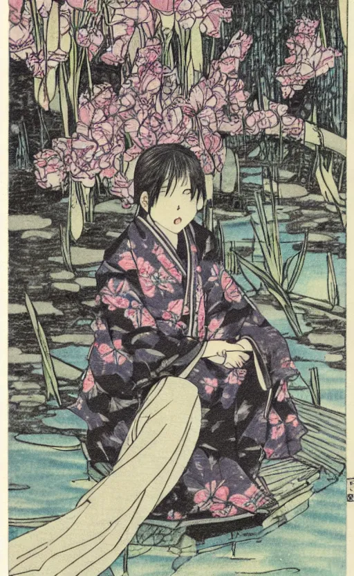 Image similar to by akio watanabe, manga art, a girl sitting on small wooden lake bridge and iris flowers, trading card front, kimono, realistic anatomy