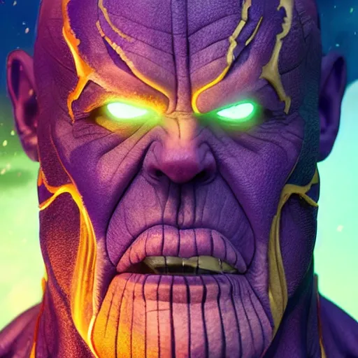 Image similar to thanos going super sayain, au naturel, hyper detailed, digital art, trending in artstation, cinematic lighting, studio quality, smooth render, unreal engine 5 rendered, octane rendered, art style by klimt and nixeu and ian sprigger and wlop and krenz cushart