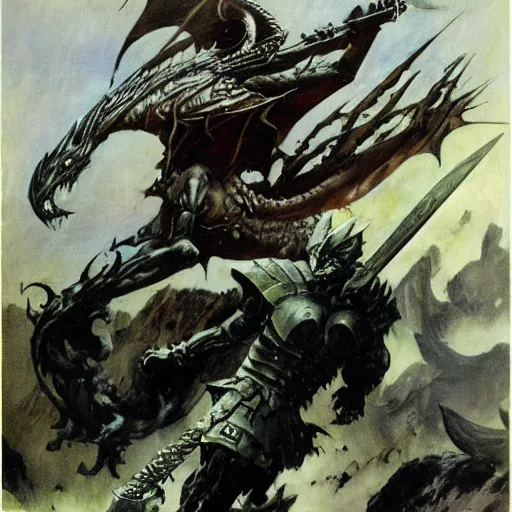 Prompt: the death dealer with a giant sword killing a dragon by franza frazetta