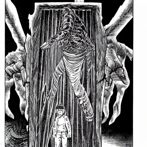 Image similar to manga panel of a skinwalker, junji ito, horror, scary, highly detailed,