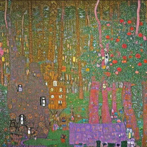 Prompt: an ancient village in a magical forest, painting by Gustav Klimt and Andy Warhol