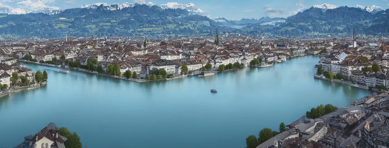 Prompt: Digital painting of Zurich, looking down the Limmat and the lake and the alps, wide angle, volumetric light, hyperdetailed, light blue water, artstation, cgsociety, 8k