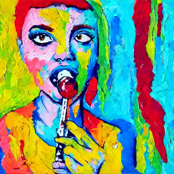 Image similar to portrait of beautiful woman licking a lollipop painted with colorful gouache impasto