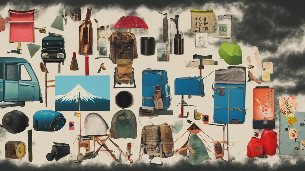 Image similar to an arrangement of camping traveller props, japan, a collage painting, in the style of wes anderson, lola dupre, david hockney, isolated on negative white space background dark monochrome neon spraypaint accents volumetric octane render