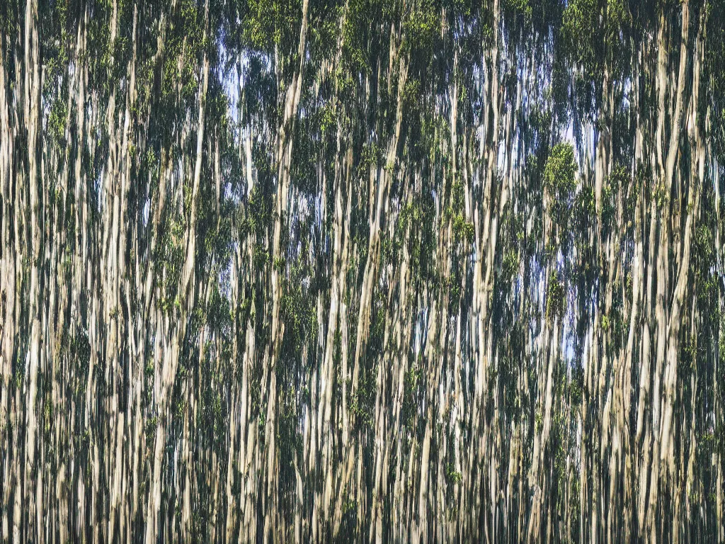 Image similar to long exposure photograph of eucalyptus trees, strong wind, by gursky, sony ar 7 ii,