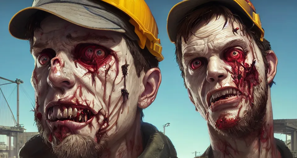 Image similar to highly detailed portrait construction worker zombie in gta v, stephen bliss, unreal engine, fantasy art by greg rutkowski, loish, rhads, ferdinand knab, makoto shinkai and lois van baarle, ilya kuvshinov, rossdraws, tom bagshaw, global illumination, radiant light, detailed and intricate environment