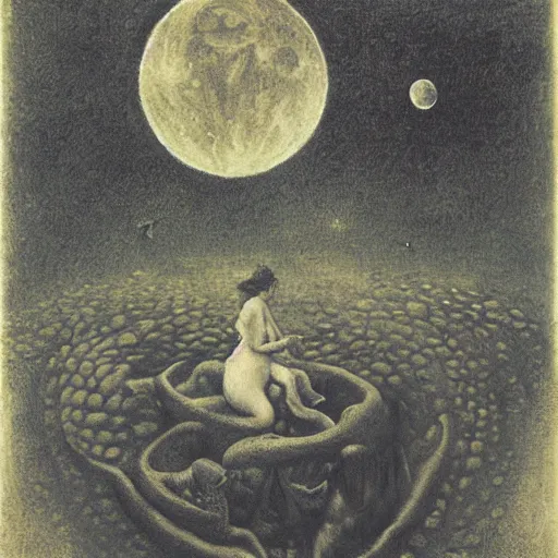 Prompt: the moon is shining forever over the garden and the animals have turned violent and strange, by Odd Nerdrum, by M.C. Escher, by Santiago Caruso, beautiful, eerie, surreal, colorful