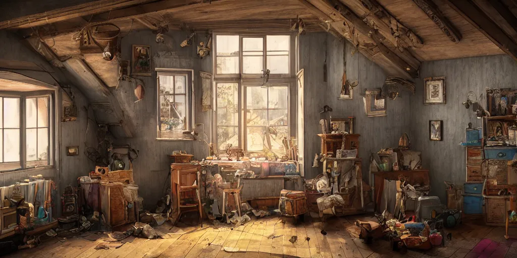 Prompt: ( ( ( ( ( photorealistic colorful attic interior, wide angle, single window light, attic junk, atmospheric, intricate, string puppet, antique, chest of draws, suitcases, tricycle, teddy bear, book shelves, artstation ) ) ) ) ) style by maarten hof,!!!!!!