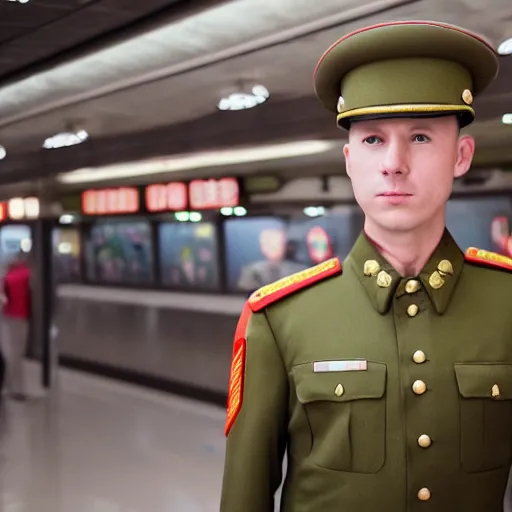 Image similar to cinematic shot of a bald young white man wearing a green chinese maoist military uniform standing in a Subway restaurant, 8k, very intricate, very detailed,