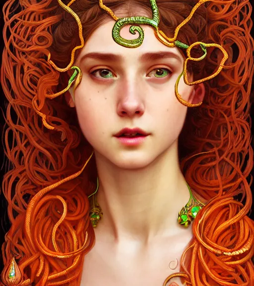 Image similar to portrait of teenage medusa, snake hair, naughty smile, wearing an embroidered orange tunic, intricate, elegant, copper and emerald jewelry, glowing lights, highly detailed, digital painting, artstation, concept art, smooth, sharp focus, seductive illustration, art by wlop, mucha, artgerm, and greg rutkowski
