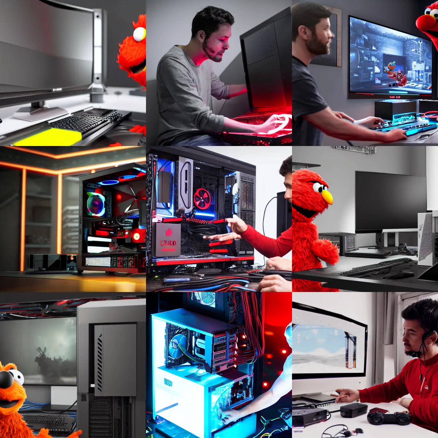 Prompt: elmo building a new gaming computer, unreal engine hyper realistic render 8 k