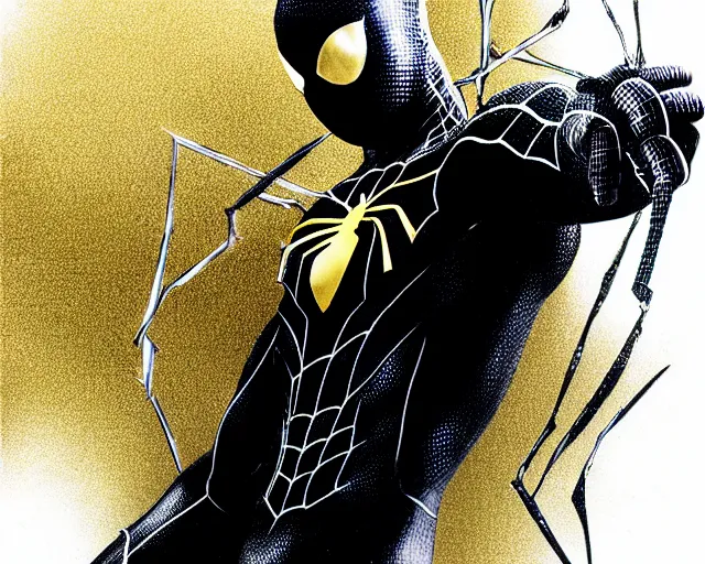 Image similar to photorealistic sketch of black spider - man with gold webbing