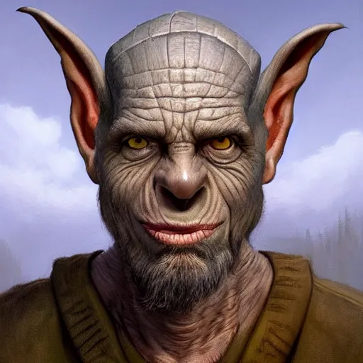 Image similar to Beautiful hyperrealistic detailed matte portrait painting of a grey goblin with head shaped like football and a triangular pignose, by andreas rocha and john howe, and Martin Johnson Heade, featured on artstation, featured on behance, golden ratio, f32, well composed, cohesive