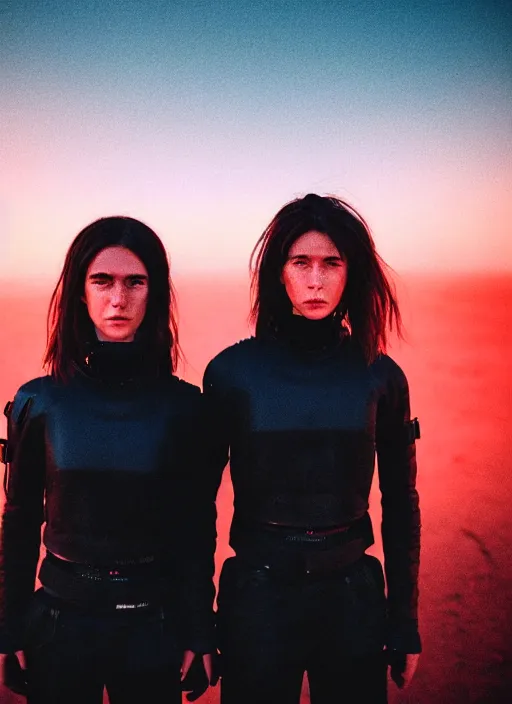 Image similar to cinestill 5 0 d photographic portrait of two loving female androids wearing rugged black techwear on a desolate plain with a red sky in front of a brutalist structure, extreme closeup, cyberpunk style, dust storm, 8 k, hd, high resolution, 3 5 mm, f / 3 2, ultra realistic faces, ex machina