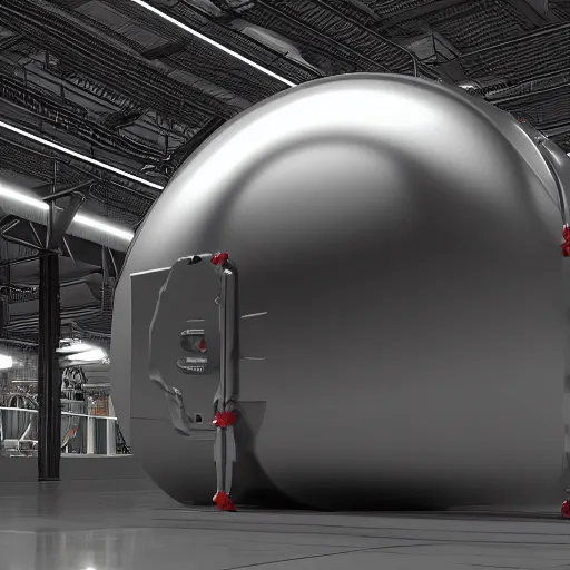 Image similar to big metallic capsule connected to pipelines, purpose is pump, standing in large industrial hall, designed by best engineers, raytracing, reflections