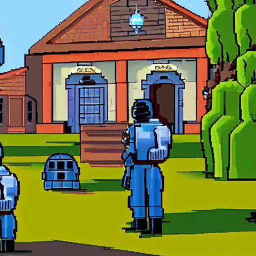 Prompt: outside the administration building in a small colony on a strange wild planet, from a space themed Lucasarts graphic adventure game made in 1998