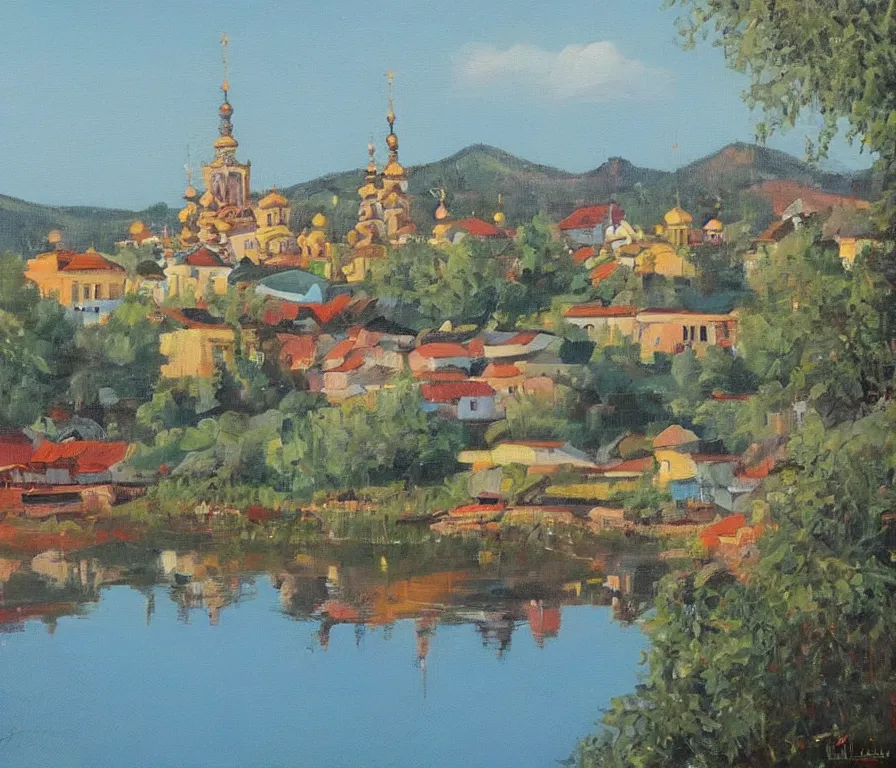 Prompt: beautiful view of a peaceful ukrainian town. art by isaac leitan and ivan shiskin, oil on canvas