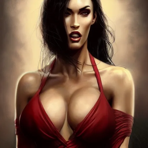 Prompt: portrait of megan fox, sultry, sexy muscular upper body in tight dress, blood red eyes, vampire fangs, fantasy, intricate, elegant, highly detailed, digital painting, artstation, concept art, matte, sharp focus, illustration, art by aenaluck and roberto ferri and greg rutkowski, epic fantasy, digital painting