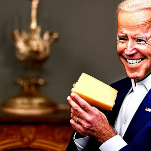 Image similar to Joe Biden proudly holding a prize winning piece of cheese