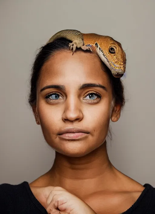 Prompt: portrait of a 2 5 year old woman, symmetrical face, a lizard on her head, she has the beautiful calm face of her mother, slightly smiling, ambient light