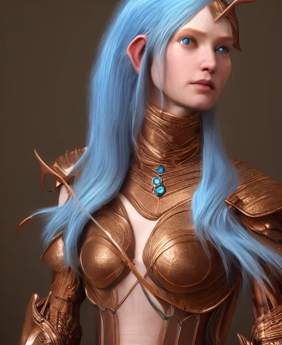 Prompt: a beautiful and highly detailed digital portrait of a dignified elf with long blue hair in rose gold armor by nina tryggvadottir, centered, artsation contest winner, cgsociety, fantasy art, cryengine, concept art, photorealism, daz 3 d, sketchfab, zbrush, vray