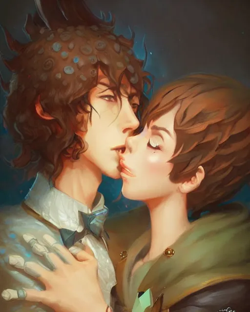 Prompt: cute little anthropomorphic akechi and makoto kissing, cute and adorable, pretty, beautiful, dnd character art portrait, matte fantasy painting, deviantart artstation, by jason felix by steve argyle by tyler jacobson by peter mohrbacher