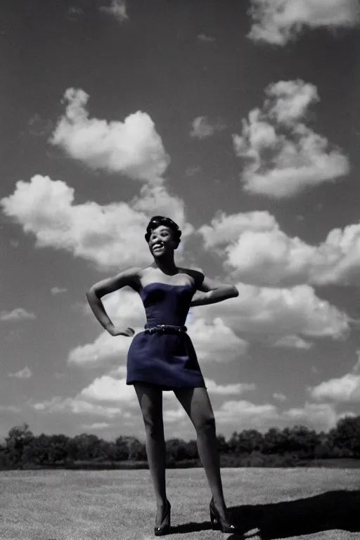 Image similar to full body portrait of megan good in the style of bill medcalf, mario testino, blue sky with a few clouds, retro, 1 9 5 0, 4 k, detailed, 1 / 3 headroom, cinematic rule of thirds