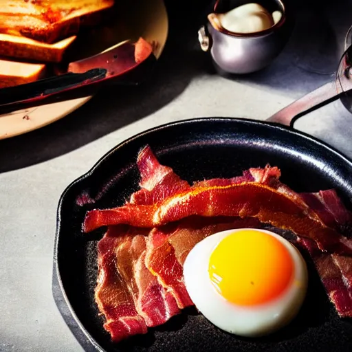 Image similar to cyberpunk bacon and eggs in pan, closeup, close angle, dramatic lighting