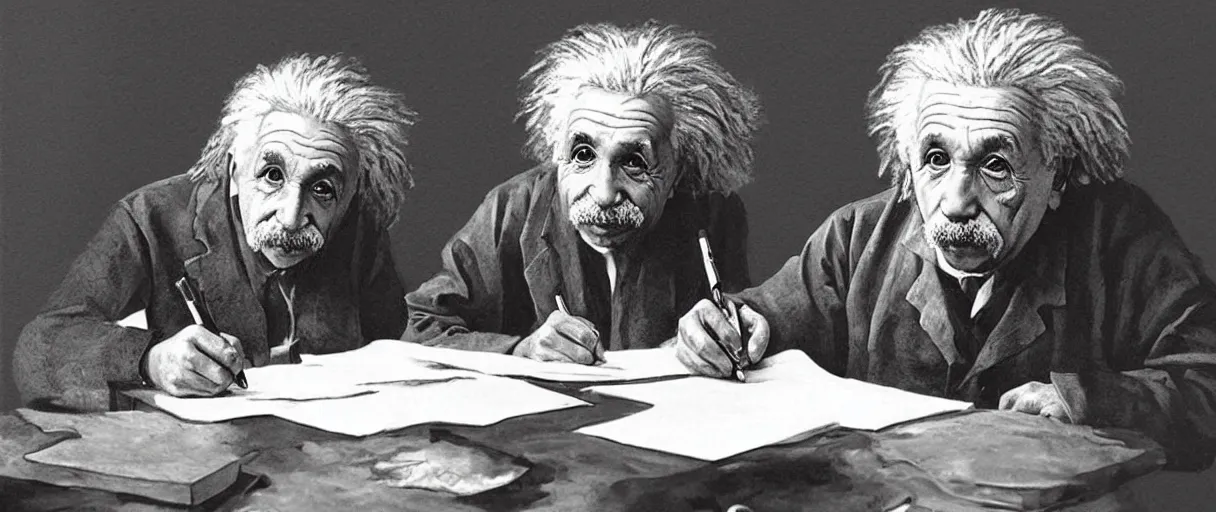 Prompt: “ a extremely detailed stunning portraits of einstein writing notes in laboratory by allen william on artstation ”