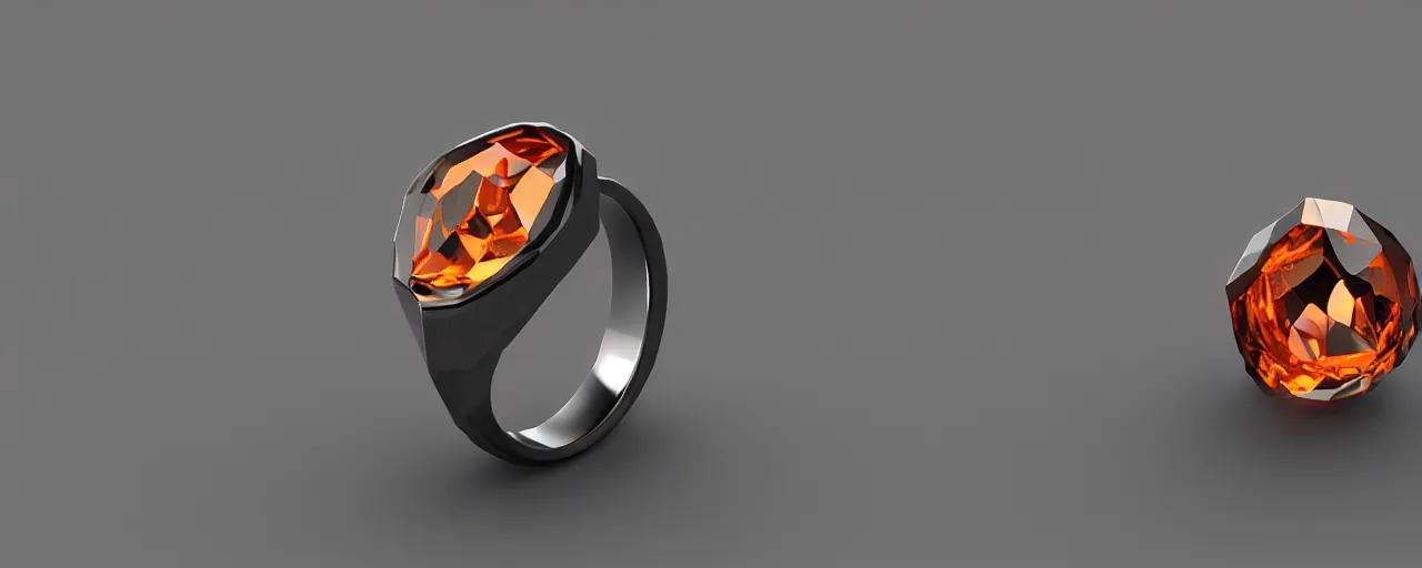 Prompt: simple black tungsten magic crystal ring, radiant cut, fire, orange, smooth shank, crystal, engravings, diamonds, product design, jewelry, colorful, art by gerald brom, greg rutkowski and artgerm, photo realism, unreal engine, c 4 d