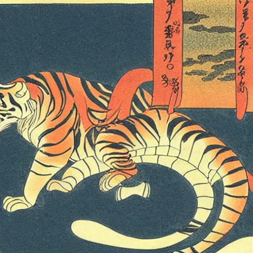 Prompt: a tiger surfing the internet, ukiyo - e art