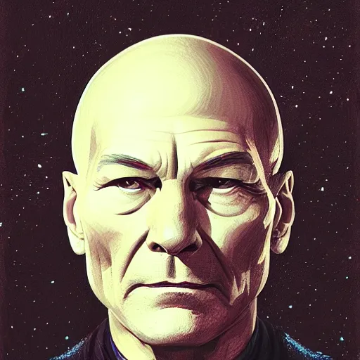 Prompt: portrait of Patrick Stewart, staring at you, black background, curious eyes, by Anato Finnstark, Tom Bagshaw, Brom