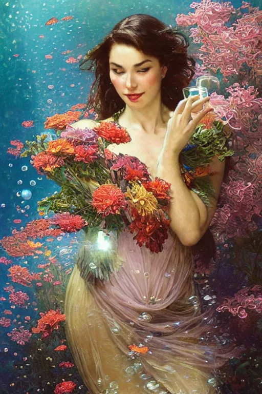 Image similar to portrait of a beautiful mysterious woman holding a bouquet of flowing flowers, small bubbles from her mouth, hands hidden under the bouquet, submerged underwater filled with colorful small fish and coral reef, fantasy, regal, intricate, by stanley artgerm lau, greg rutkowski, thomas kindkade, alphonse mucha, loish, norman rockwell