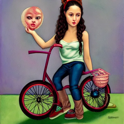 Image similar to Ariana Greenblatt on a tricycle, lowbrow painting by Mark Ryden