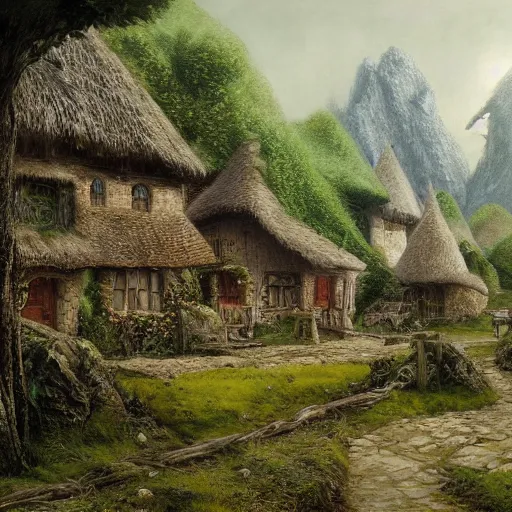 Image similar to a small fantasy village on the edge of the woods, by alan lee, lord of the rings, smooth, detailed terrain, oil painting, matte painting, concept art, trending on artstation