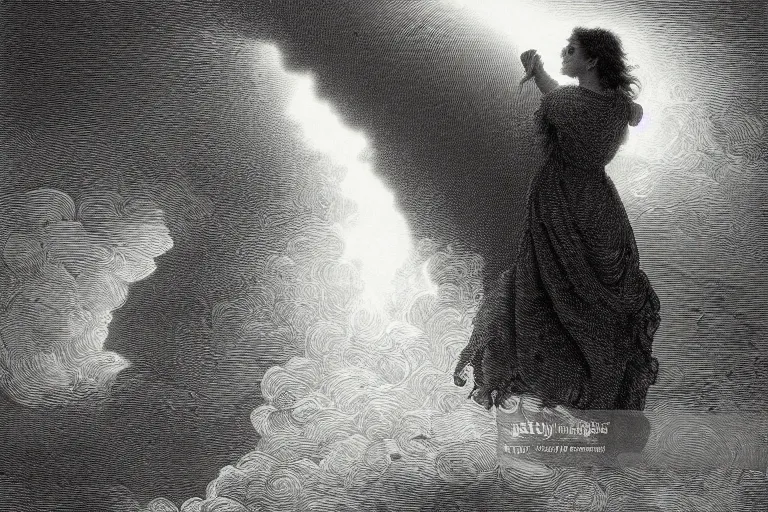 Image similar to black and white, young french woman illuminated by a beam of light through detailed clouds, Gustave Dore lithography