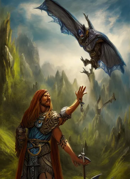 Image similar to druid from dungeon and dragons starring at the sky, with arms up, praying at the sun, matte painting, fantasy art