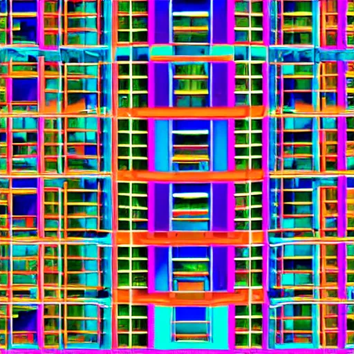 Prompt: futuristic city rainbow colours in the style of escher