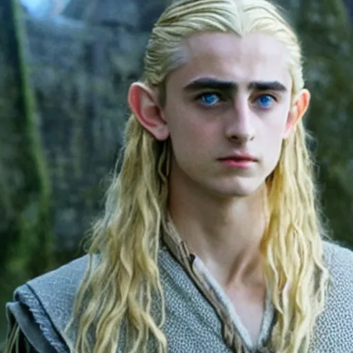 Prompt: timothee chalamet as legolas, with long blonde hair, a still from the film lord of the rings