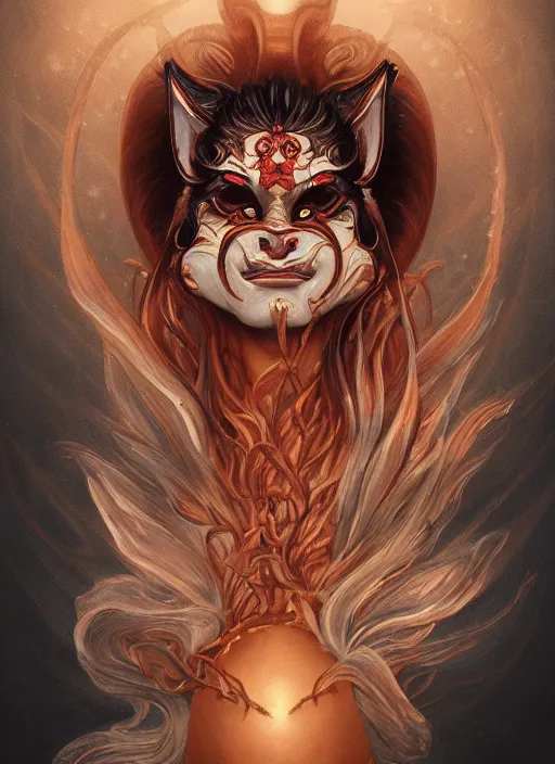 Image similar to a beautiful detailed oil on copper art illustration of a japanese hannya kitsune mask devil woman, the mask is broken, centered, by charlie bowater, zeng fanzh, trending on artstation, dim dusk lighting, cinematic lighting, detailed lighting, volumetric lighting, realistic, f 8, 4 k hd wallpaper